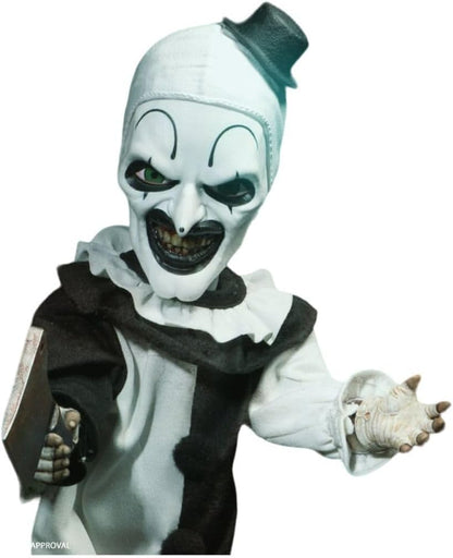 Mezco Terrifier - Living Dead Doll 10.5-Inch Art The Clown Doll with New Head Sculpt, Pom-Pom and Ruffle Detailing Black-and-White Costume, and 5-Point Articulation