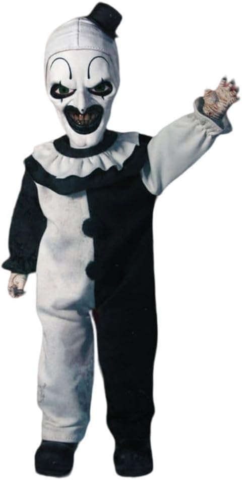 Mezco Terrifier - Living Dead Doll 10.5-Inch Art The Clown Doll with New Head Sculpt, Pom-Pom and Ruffle Detailing Black-and-White Costume, and 5-Point Articulation