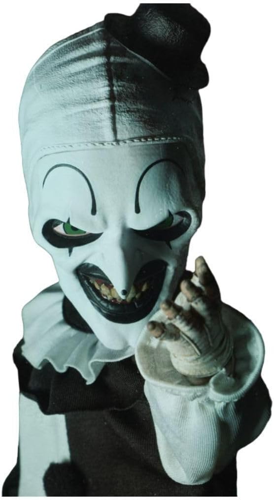 Mezco Terrifier - Living Dead Doll 10.5-Inch Art The Clown Doll with New Head Sculpt, Pom-Pom and Ruffle Detailing Black-and-White Costume, and 5-Point Articulation