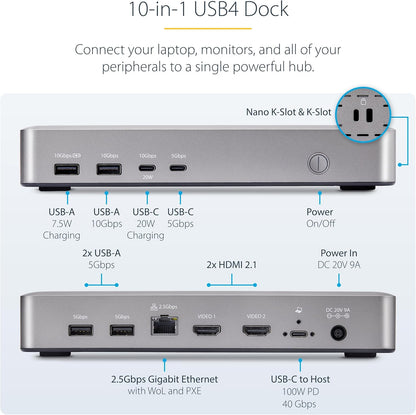StarTech.com USB-C Docking Station (10-in-1, USB4), Up to 100W Charging for Laptop, 40Gbps Data Transfer, 2.5Gb Ethernet, Single 8K, Dual 4K Display, 6x USB (Not MacOS Compatible