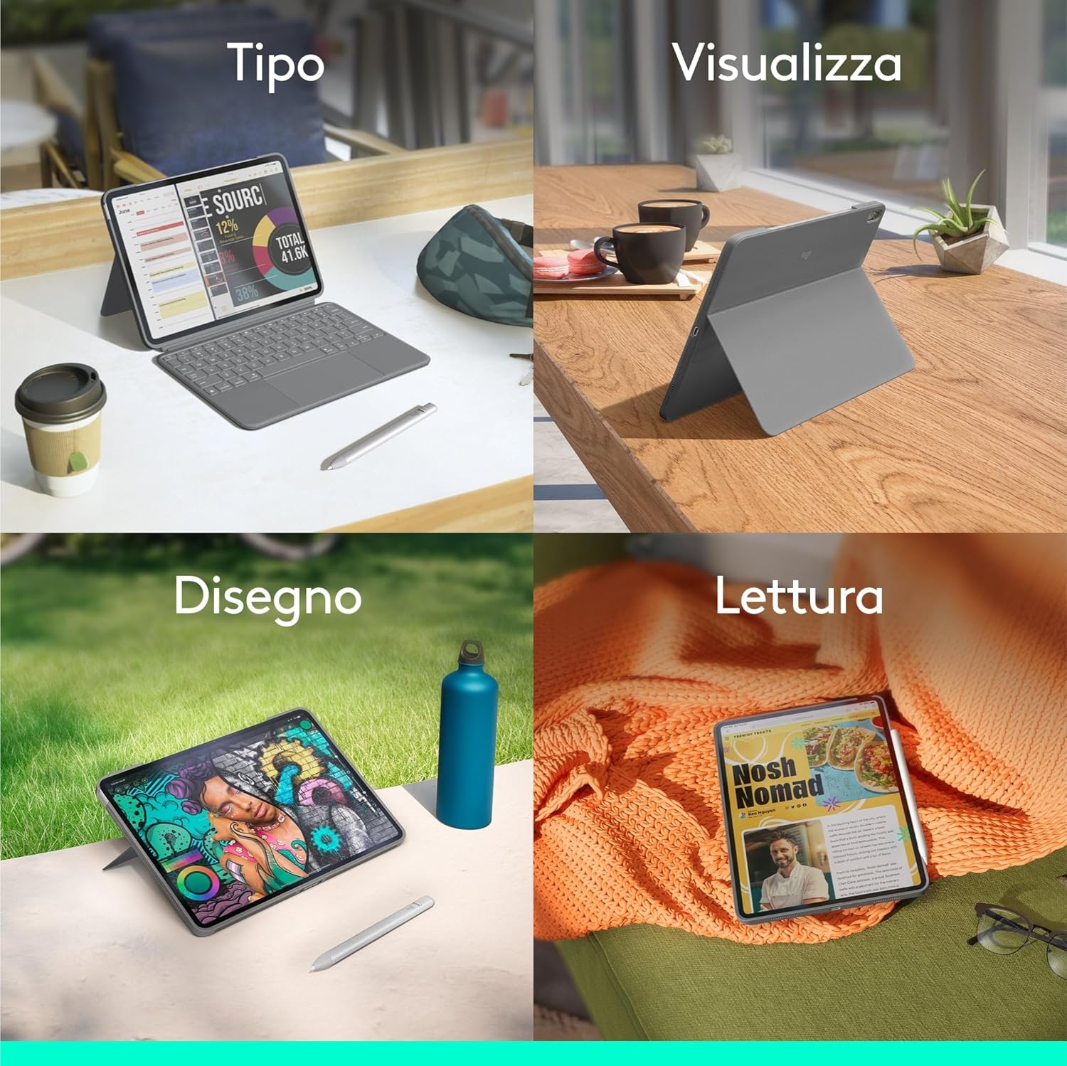 Logitech Combo Touch per iPad Air da 11 pollici (M2), iPad Air (4ª e 5ª generazione - 2020, 2022)(2024) Custodia con tastiera - Tastiera retroilluminata staccabile con supporto, ITA QWERTY - Grigio