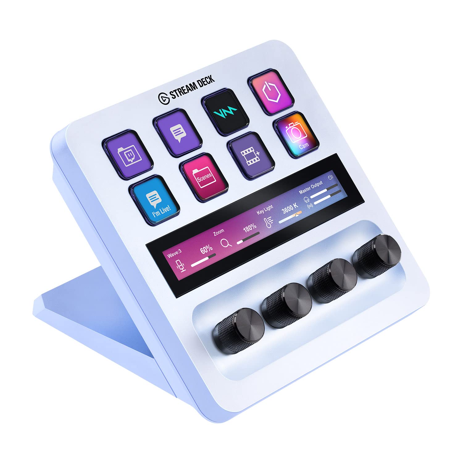 Elgato Stream Deck + White, audio mixer, live production and studio controller for content creators, streaming, gaming, with customizable touch bar, control knobs and LCD keys, for Mac and PC