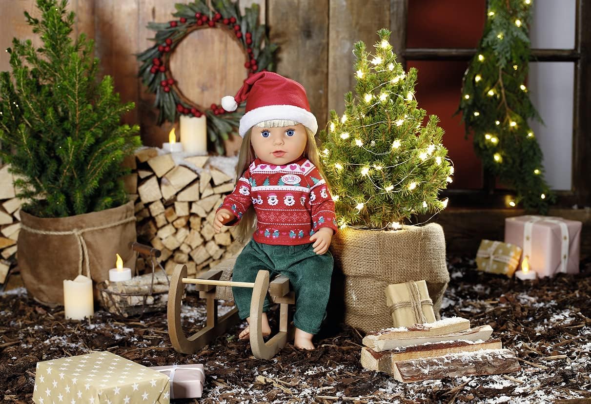 BABY born Weihnachtsoutfit, mit Weihnachtspullover, grüner Hose und Nikolausmütze für 43 cm Puppen, 830291 Zapf Creation