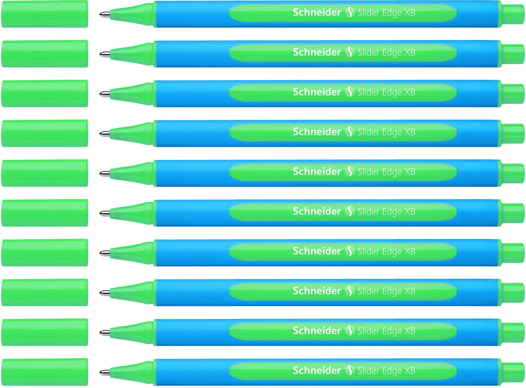 Schneider Slider Edge 152204 Ballpoint Pen with Cap Model XB Pack of 10 / Cyan and Green Barrel / Green Ink