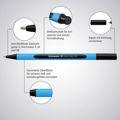 Schneider Slider Edge 152204 Ballpoint Pen with Cap Model XB Pack of 10 / Cyan and Green Barrel / Green Ink