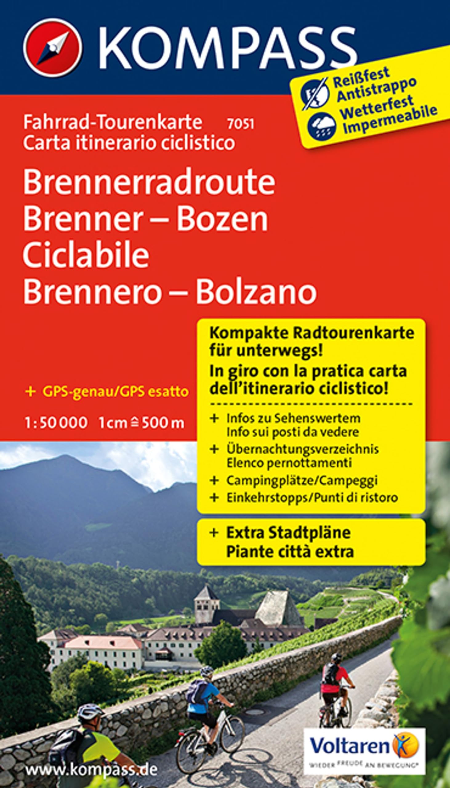 Kompass: Carta Cicloturistica Tour N. 7051. Ciclabile Brennero-Bolzano-Vom Brenner Bis Nach Bozen