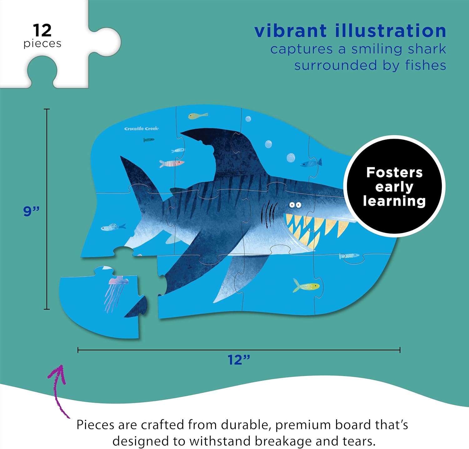 Crocodile Creek Mini Floor Puzzle - Shark City - 12 Large Jigsaw Pieces - for Kids Ages 2 Years and up - Heavy-Duty Box for Storage - Finished Puzzle is 9” x 12”