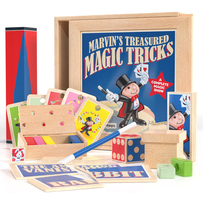 Marvin's Magic - Treasured Tricks Wooden Magic Tricks Set For Kids - Includes Escaping Coloured Blocks, Vanishing Rabbit Illusion, Amazing Rising Cards + More