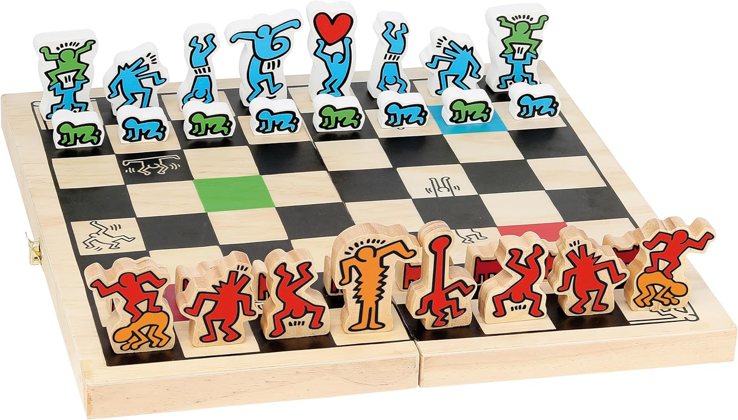Vilac Chess Wooden Board Game in Foldable Wooden Box with Cotton Storage Bag, Large Set Illustrated By Graphic Designer Keith Haring, Multicolour, 6 Years+, 41 x 41 x 2.5 cm