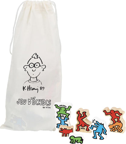 Vilac Chess Wooden Board Game in Foldable Wooden Box with Cotton Storage Bag, Large Set Illustrated By Graphic Designer Keith Haring, Multicolour, 6 Years+, 41 x 41 x 2.5 cm