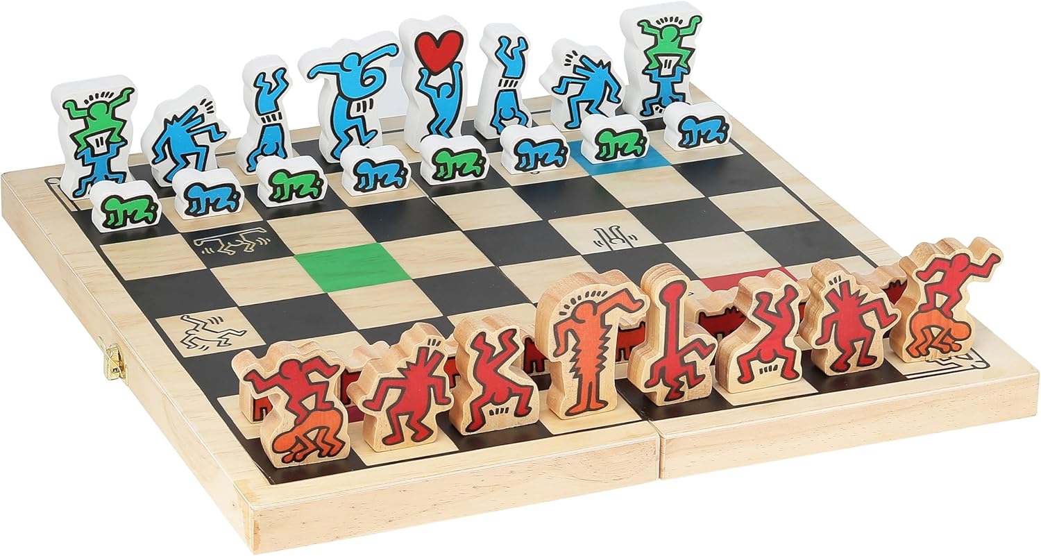 Vilac Chess Wooden Board Game in Foldable Wooden Box with Cotton Storage Bag, Large Set Illustrated By Graphic Designer Keith Haring, Multicolour, 6 Years+, 41 x 41 x 2.5 cm