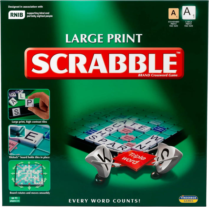 Ideal | Large Print Scrabble: Extra board with clear, large-print text and letter tiles | Games | Word | For 2-4 Players | Ages 10+, 11213, Green, Board: 37cm x 37cm / Tiles: 2.3cm x 2.3cm