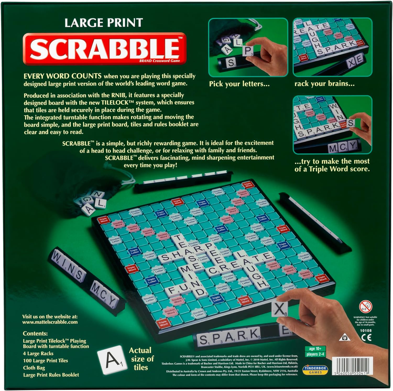 Ideal | Large Print Scrabble: Extra board with clear, large-print text and letter tiles | Games | Word | For 2-4 Players | Ages 10+, 11213, Green, Board: 37cm x 37cm / Tiles: 2.3cm x 2.3cm