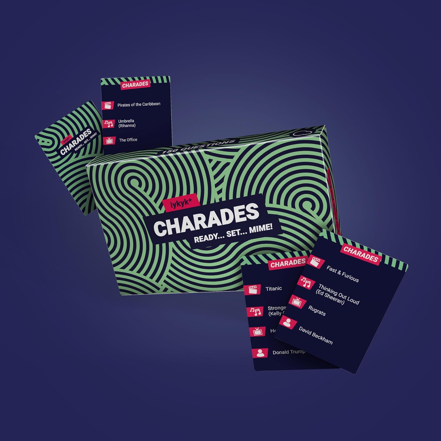 iykyk Charades - Divertente gioco di feste per tutti, 150 carte con categorie (film, canzoni, spettacoli televisivi e celebrità/personaggio) - Twist onCharades - Perfetto per serate di gioco e feste!