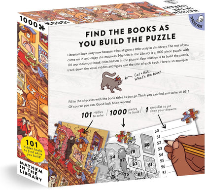 Mayhem in the Library: Jigsaw Puzzle with 101 Hidden Book Titles to Discover, for Book Lovers and Readers