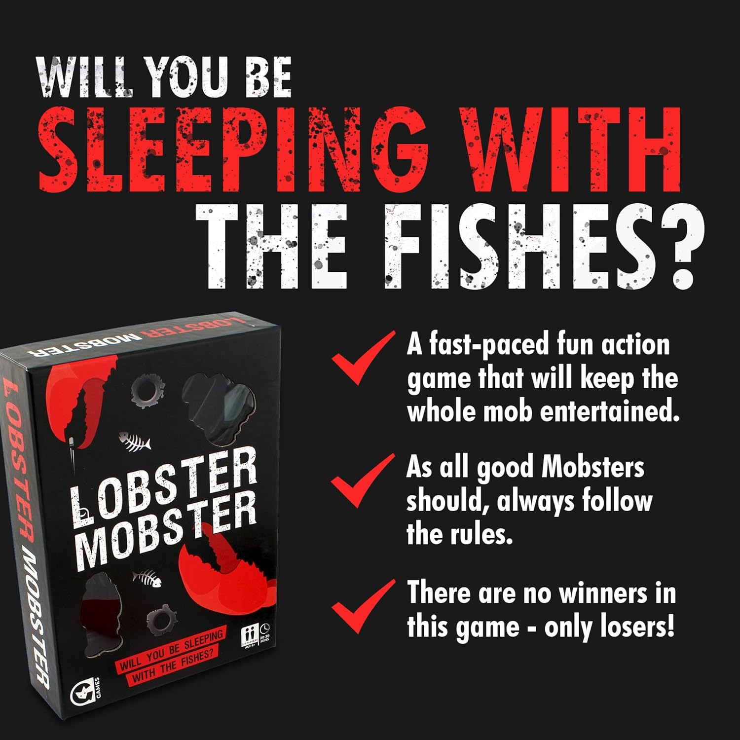 Ginger Fox Lobster Mobster Card Game. Hilariously Entertaining Family Party Game Great For Fun Nights In. Complete Cheeky Challenges and Funny Forfeits To Win. 2+ Players, Ages 8+ Years.
