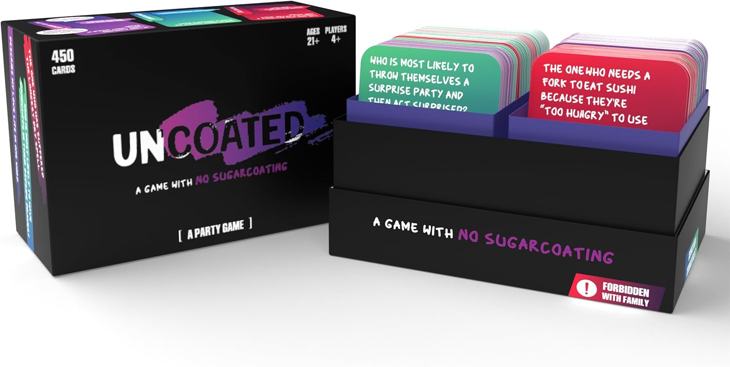 Uncoated Party Game for Adults Ages 21+, Hilarious, Social & Interactive Card Game for Game Night, Pre Games, Parties, & Gatherings, 4+ Players, 450+ Cards, Unfiltered Fun & No Sugarcoating