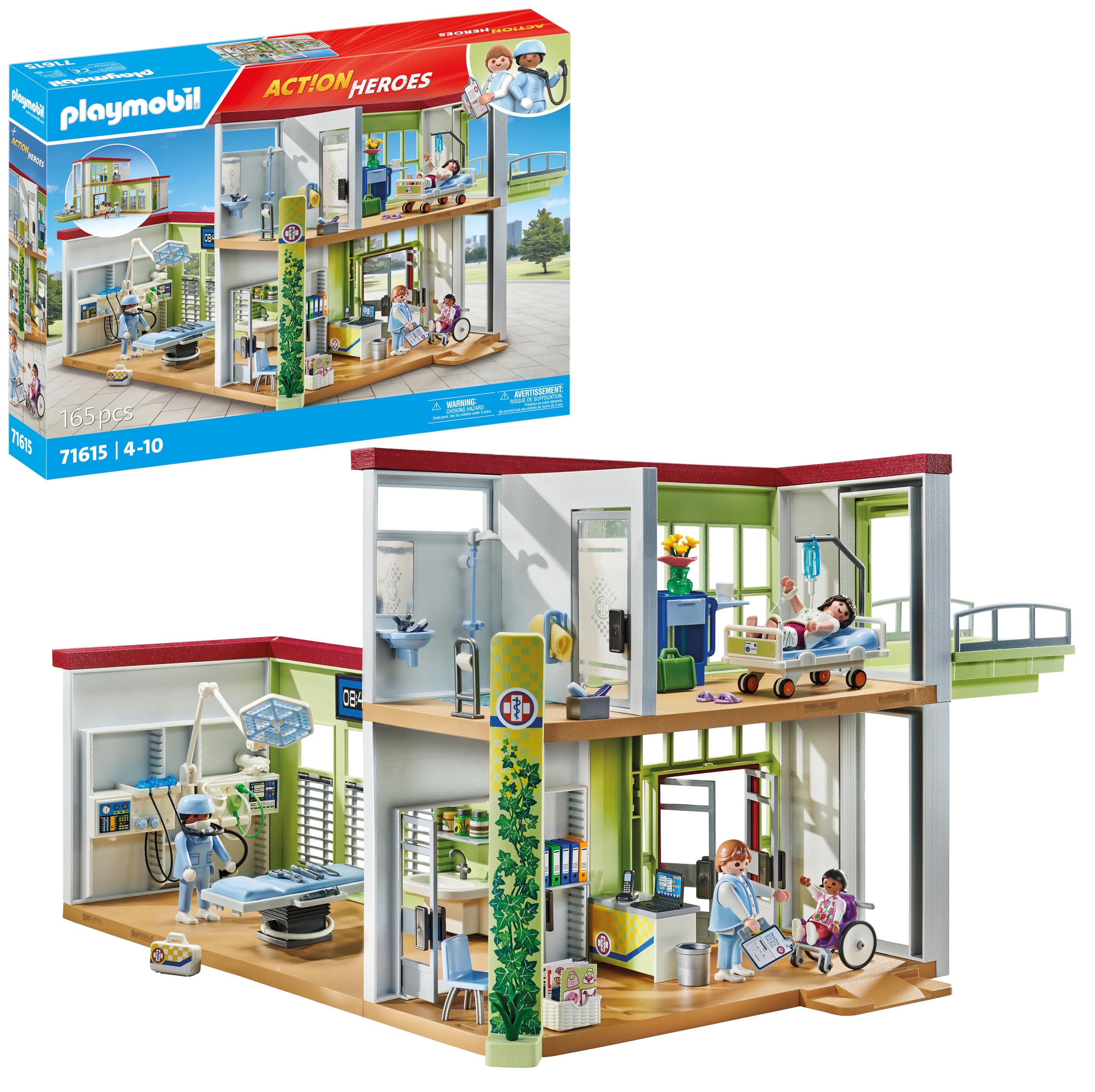 PLAYMOBIL Action Heroes 71615 Nieuw ziekenhuis, met medisch apparatuur, gemaakt van meer dan 80% gerecycleerde en biobased materialen, gedetailleerd speelgoed voor kinderen vanaf 4 jaar