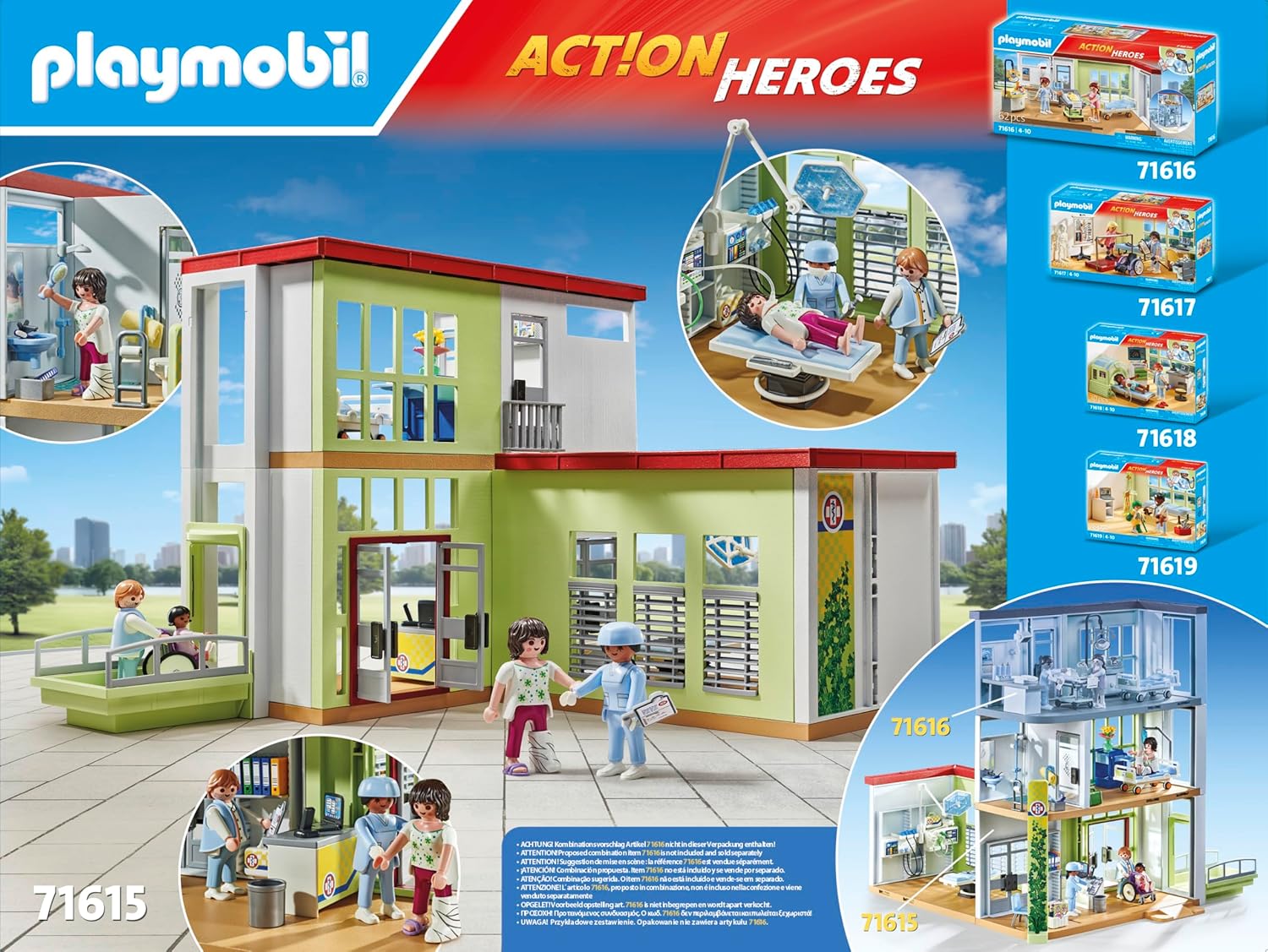 PLAYMOBIL Action Heroes 71615 Nieuw ziekenhuis, met medisch apparatuur, gemaakt van meer dan 80% gerecycleerde en biobased materialen, gedetailleerd speelgoed voor kinderen vanaf 4 jaar