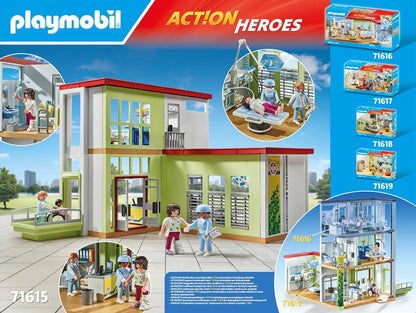 PLAYMOBIL Action Heroes 71615 Nieuw ziekenhuis, met medisch apparatuur, gemaakt van meer dan 80% gerecycleerde en biobased materialen, gedetailleerd speelgoed voor kinderen vanaf 4 jaar