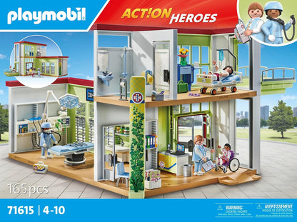 PLAYMOBIL Action Heroes 71615 Nieuw ziekenhuis, met medisch apparatuur, gemaakt van meer dan 80% gerecycleerde en biobased materialen, gedetailleerd speelgoed voor kinderen vanaf 4 jaar