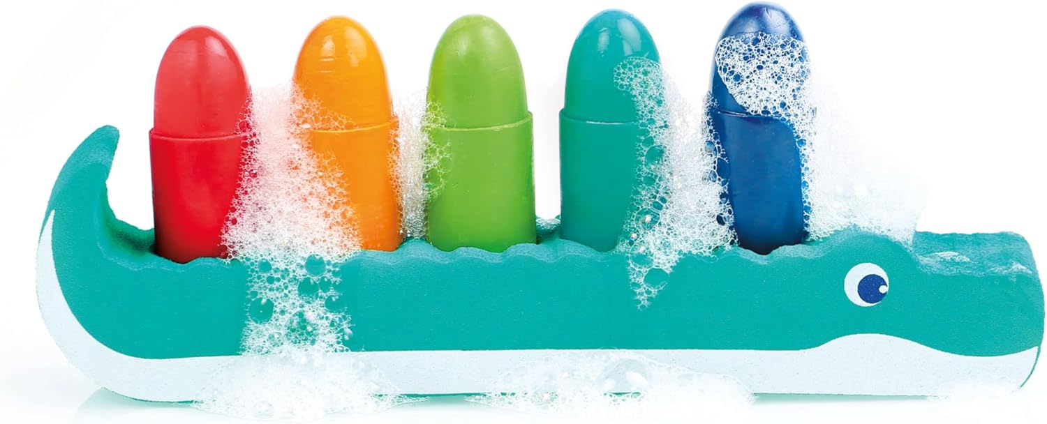 LUDI - Bleistifte für das Bad – zum Zeichnen an den Wänden – abwischbar, robust, wasserfest – ab 10 Monaten – Geschicklichkeit, Feinmotorik, Fantasie – 5 Bleistifte und Halterung aus Schaumstoff