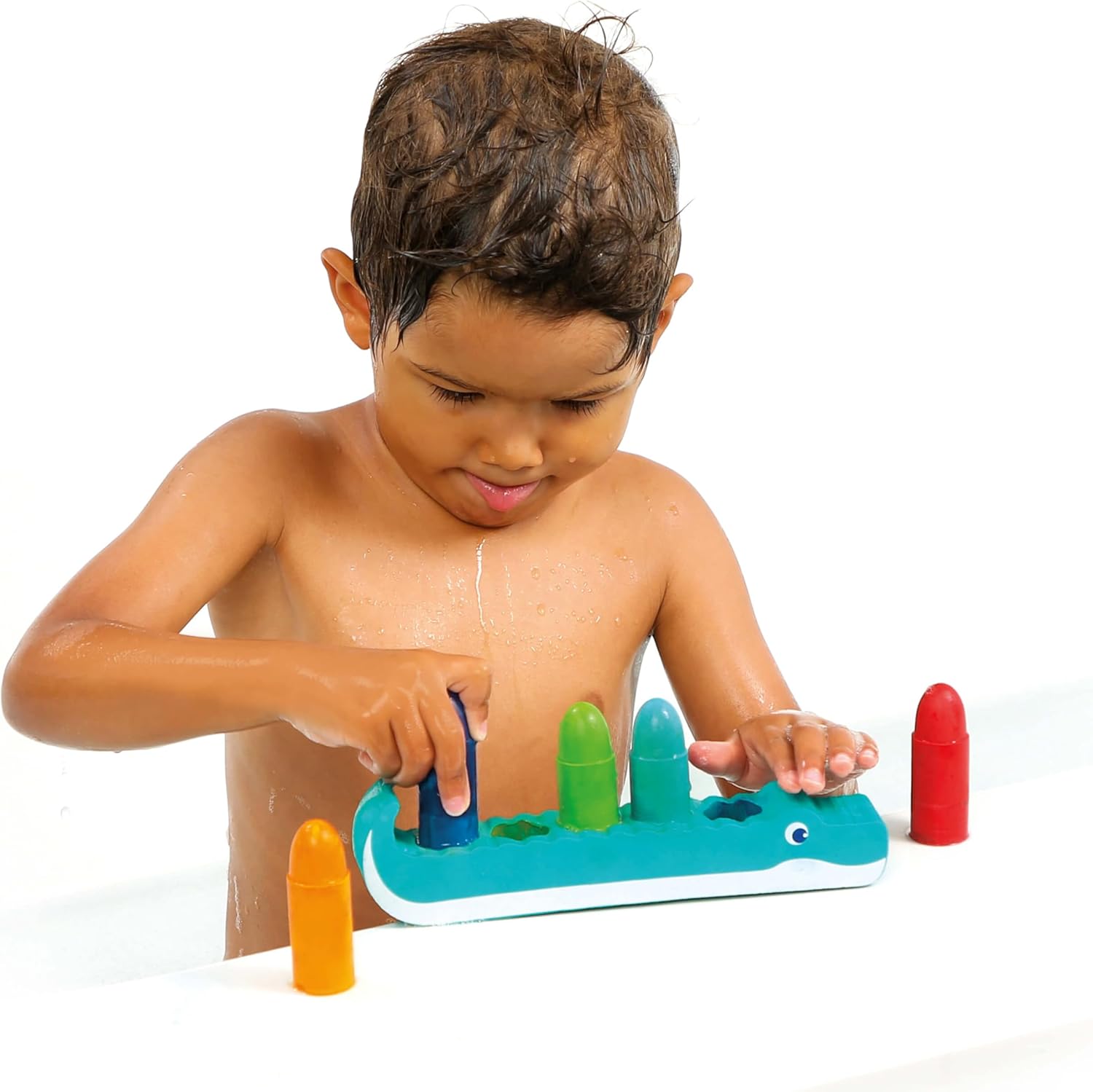 LUDI - Bleistifte für das Bad – zum Zeichnen an den Wänden – abwischbar, robust, wasserfest – ab 10 Monaten – Geschicklichkeit, Feinmotorik, Fantasie – 5 Bleistifte und Halterung aus Schaumstoff