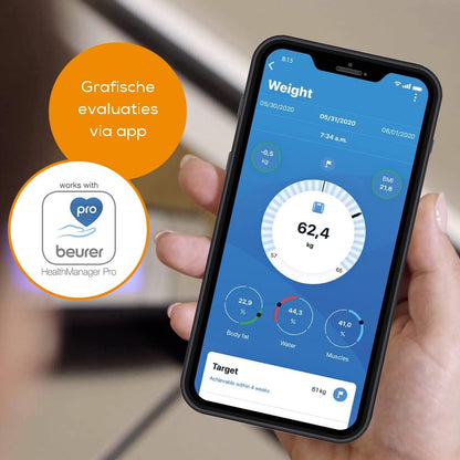 Beurer BF 700 Diagnoseweegschaal met app voor lichaamsanalyse, lichaamsvetweegschaal voor het meten van lichaamsvet, spierpercentage, AMR, BMR, netwerk met smartphone