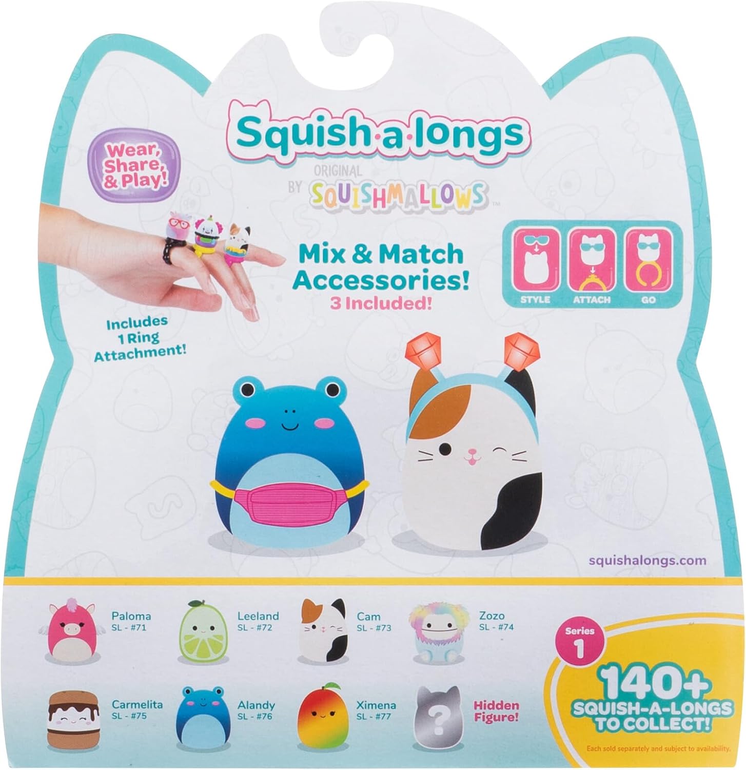 Pack de 8 Squish-a-longs par Original Squishmallows - série 1, Style 2 - (8) Mini-Squish de 2,5 cm avec 2 Accessoires, Bague et Guide du collectionneur - pour Collectionner, échanger et Jouer