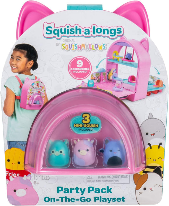 Squish-a-longs by Original Squishmallows Party Pack On-the-Go Playset - Series 1 - Three 1-Inch Mini-Squish with 9 Furnishings - Collect, Trade, & Play