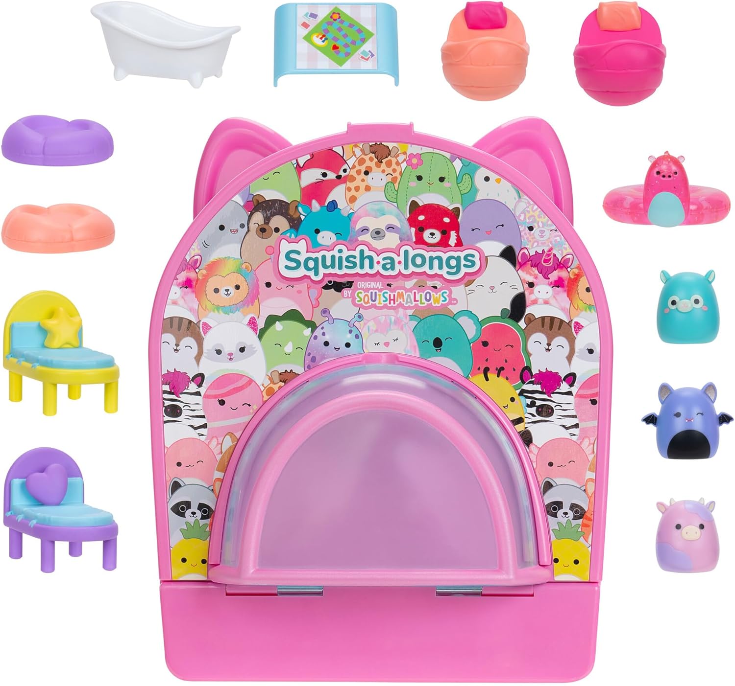 Squish-a-longs by Original Squishmallows Party Pack On-the-Go Playset - Series 1 - Three 1-Inch Mini-Squish with 9 Furnishings - Collect, Trade, & Play