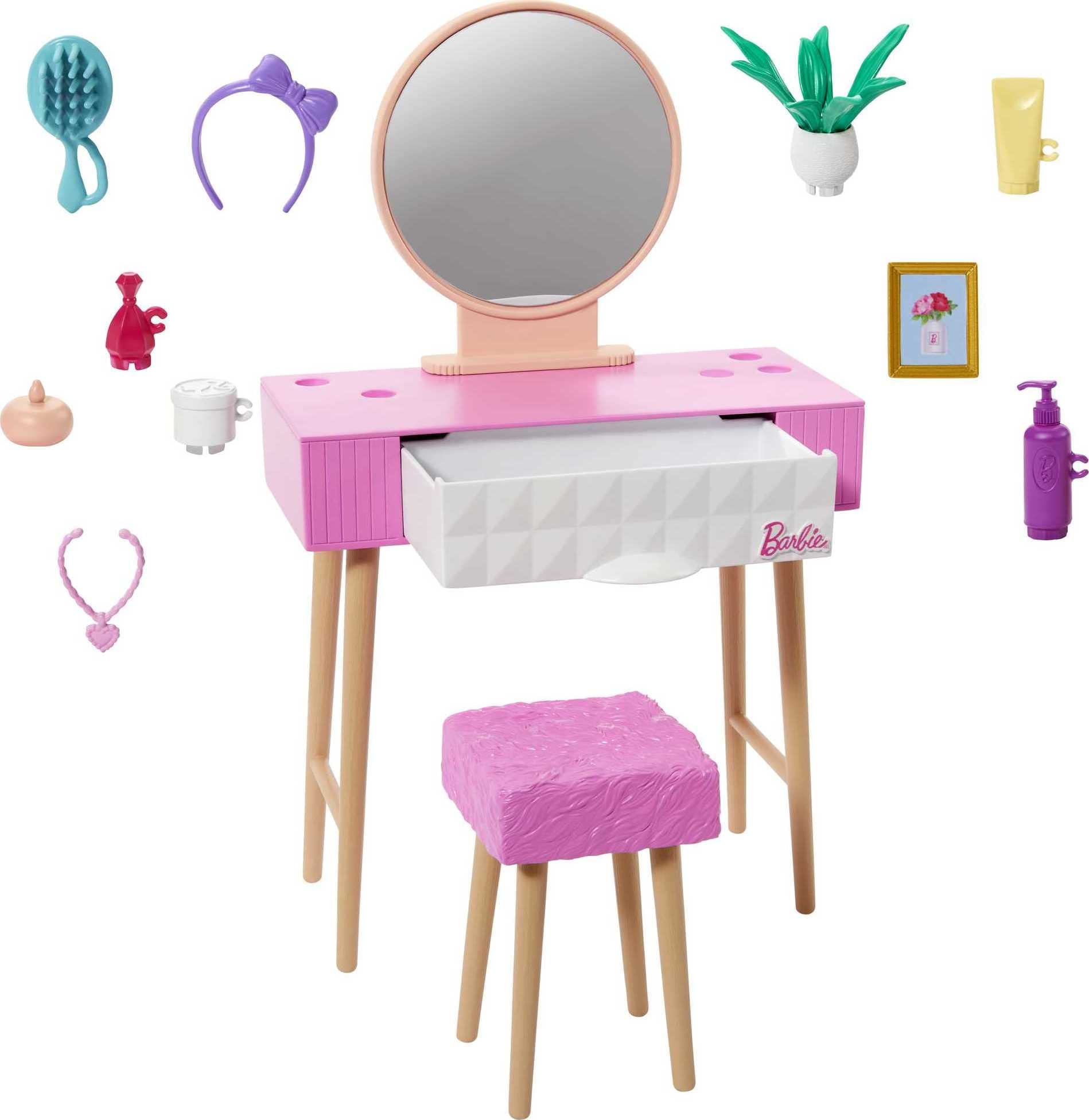 Barbie Meubilair - HJV35 - Barbie poppenhuis decoratie meubelset - ijdelheid, spiegel, kruk en schoonheidsproducten Make-uptafelset Meerkleurig