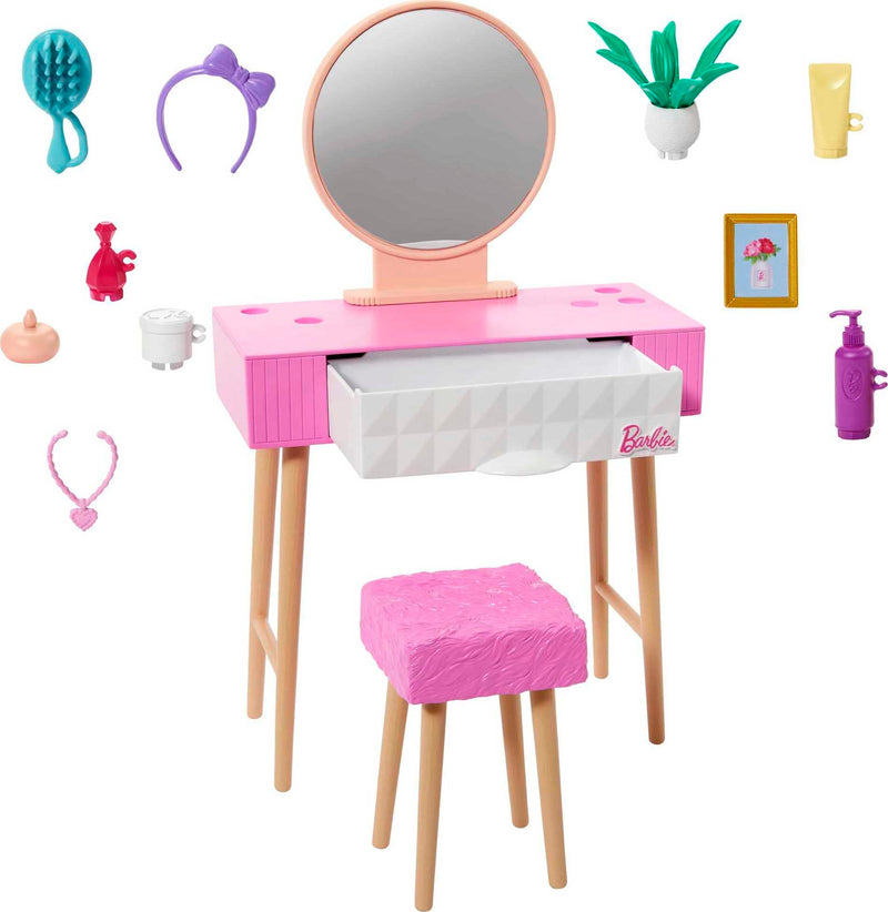 Barbie Meubilair - HJV35 - Barbie poppenhuis decoratie meubelset - ijdelheid, spiegel, kruk en schoonheidsproducten Make-uptafelset Meerkleurig