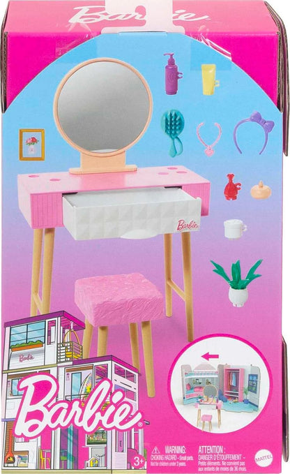 Barbie Meubilair - HJV35 - Barbie poppenhuis decoratie meubelset - ijdelheid, spiegel, kruk en schoonheidsproducten Make-uptafelset Meerkleurig