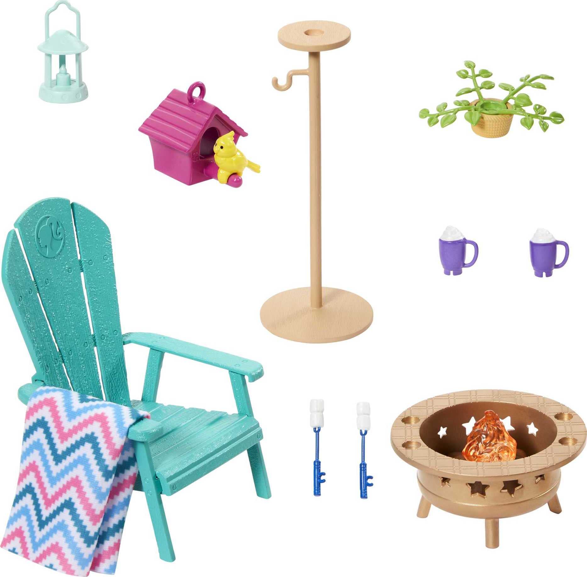 Barbie Furniture and Accessory Pack, Barbie Doll House Décor, Backyard Patio, Bonfire, Birdfeeder and Birdhouse, Kids Toys and Gifts