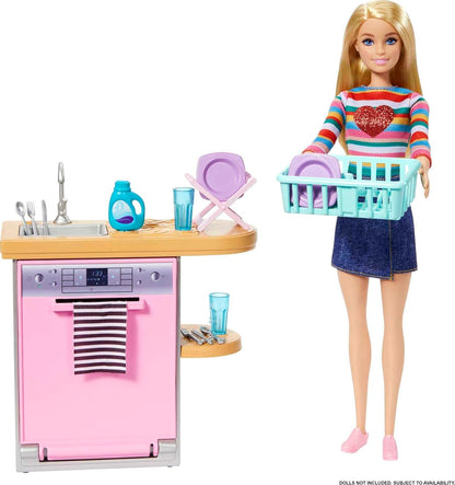 Barbie Mobilier HJV34 Set voor poppen met vaatwasser, servies en accessoires keukenset Meerkleurig