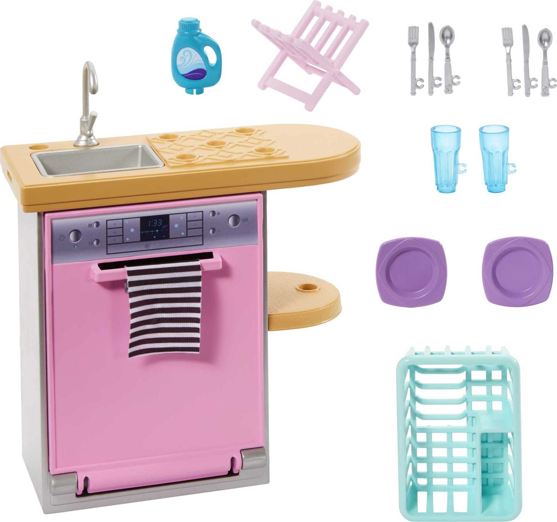 Barbie Mobilier HJV34 Set voor poppen met vaatwasser, servies en accessoires keukenset Meerkleurig