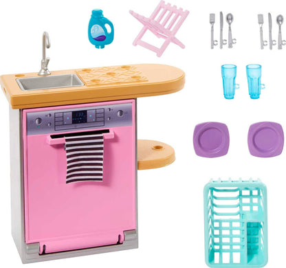 Barbie Mobilier HJV34 Set voor poppen met vaatwasser, servies en accessoires keukenset Meerkleurig
