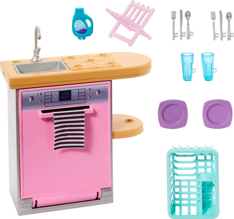Barbie Mobilier HJV34 Set voor poppen met vaatwasser, servies en accessoires keukenset Meerkleurig