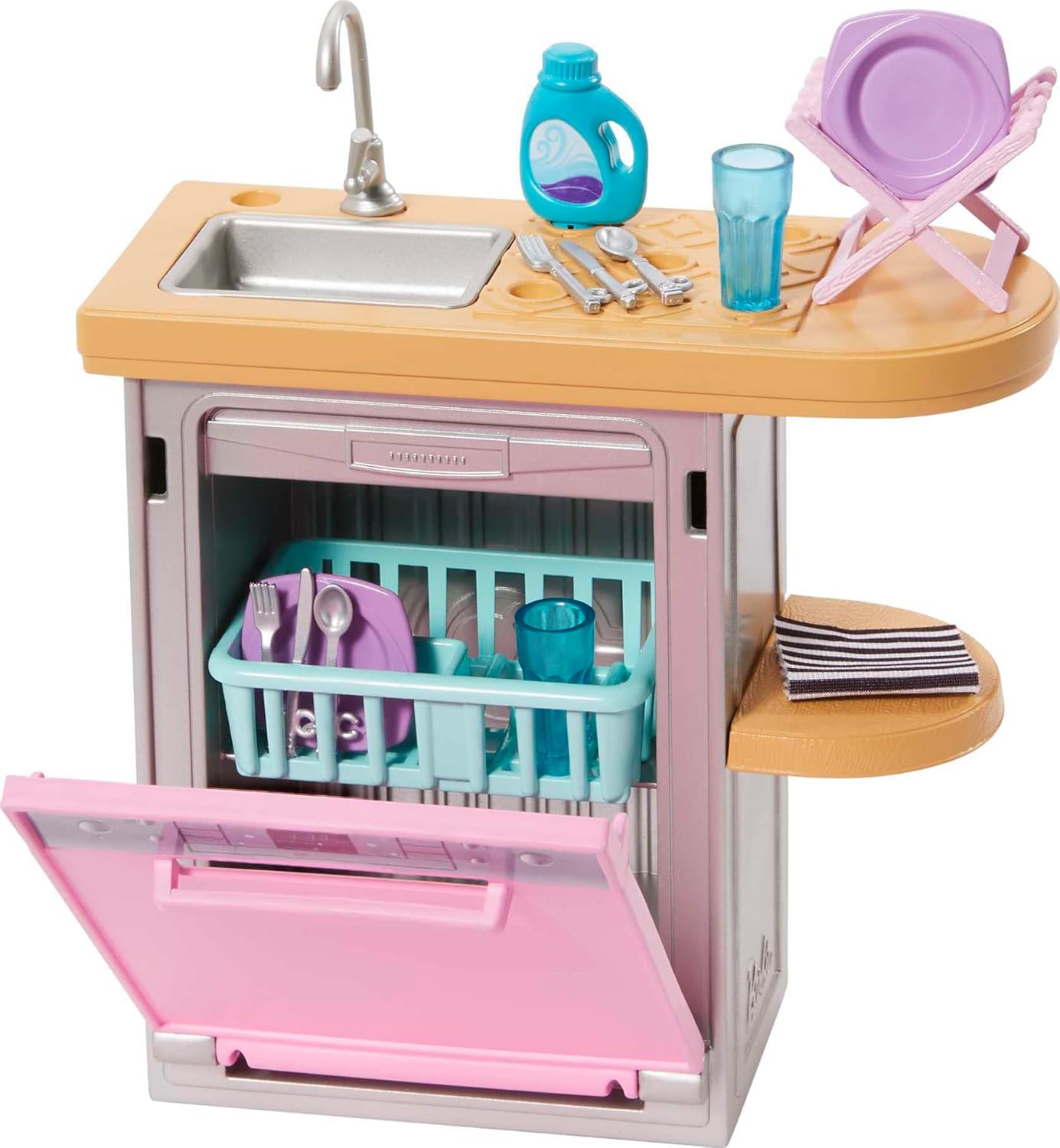 Barbie Mobilier HJV34 Set voor poppen met vaatwasser, servies en accessoires keukenset Meerkleurig