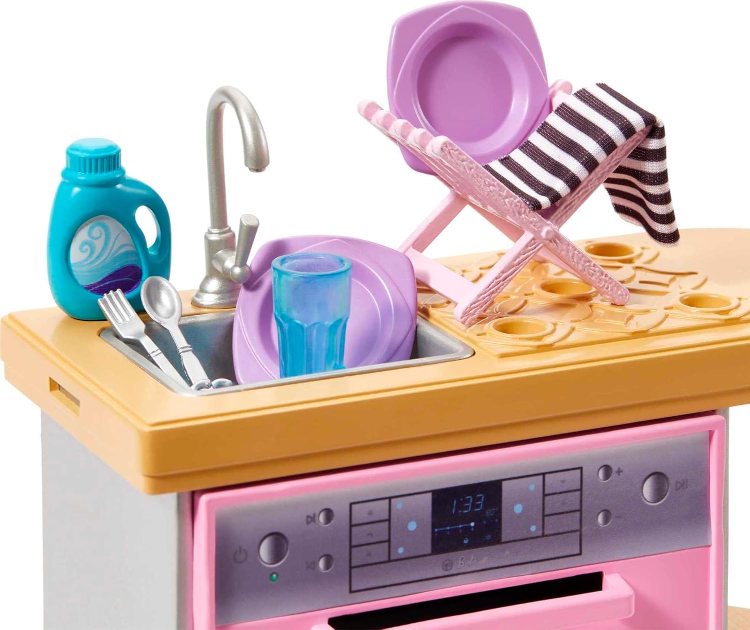 Barbie Mobilier HJV34 Set voor poppen met vaatwasser, servies en accessoires keukenset Meerkleurig