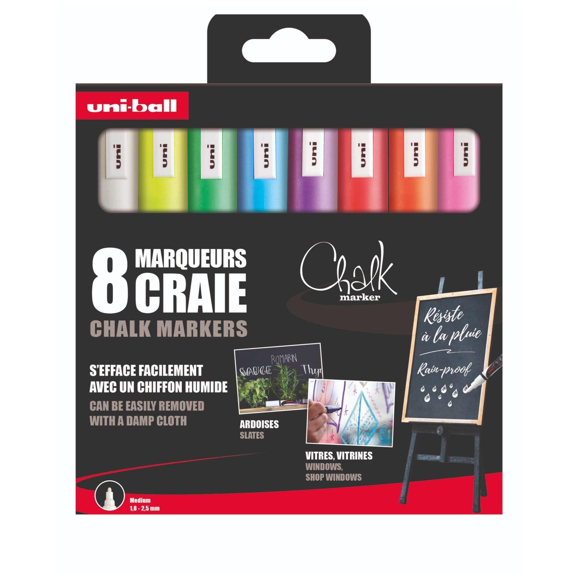 Uni-Ball Chalk Marker – Uni Mitsubishi Pencil – PWE-5M Chalk Markers – Ephemeral Marking, Rain Resistant – Medium Tapered Tip, Zero Plastic Packaging – Pack of 8 Assorted Colours