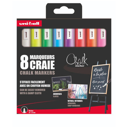 Uni-Ball Chalk Marker – Uni Mitsubishi Pencil – PWE-5M Chalk Markers – Ephemeral Marking, Rain Resistant – Medium Tapered Tip, Zero Plastic Packaging – Pack of 8 Assorted Colours