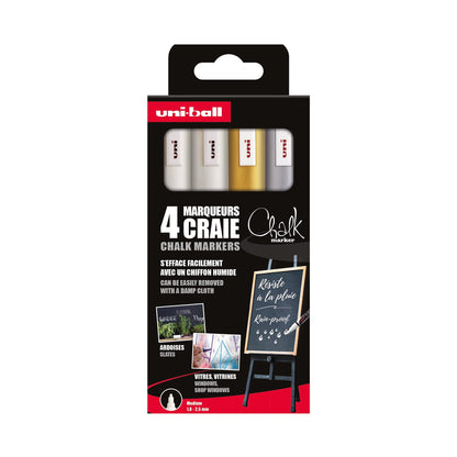 uni-ball Chalk Marker - Plain Mitsubishi Pencil - PWE-5M Chalk Markers - Ephemeral Marking - Rain Resistant - Medium Tapered Tip - Zero Plastic Packaging - Pack of 4 - White x2, Gold, Silver