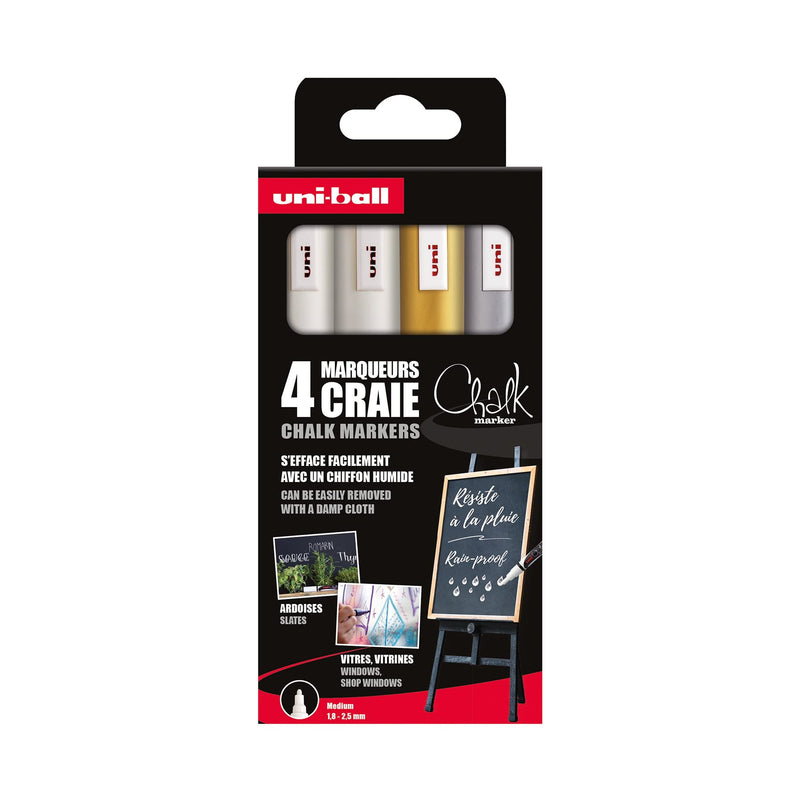 uni-ball Chalk Marker - Plain Mitsubishi Pencil - PWE-5M Chalk Markers - Ephemeral Marking - Rain Resistant - Medium Tapered Tip - Zero Plastic Packaging - Pack of 4 - White x2, Gold, Silver