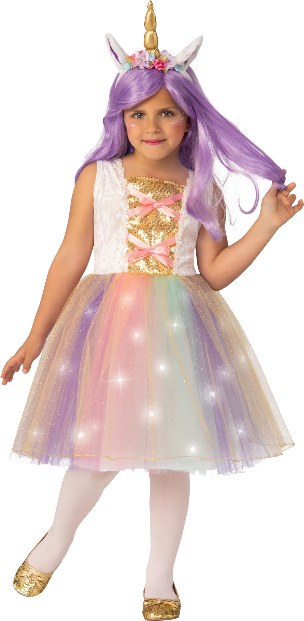 RUBIE'S - Luminous Unicorn Costume for Kids, Size 3-10 Years to Choose from, Unicorn Princess Costume with Flashing LED Skirt and Headband for Carnival, Halloween, Batteries Included 5-7 Years/105-122 cm