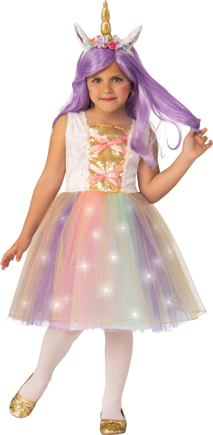 RUBIE'S - Luminous Unicorn Costume for Kids, Size 3-10 Years to Choose from, Unicorn Princess Costume with Flashing LED Skirt and Headband for Carnival, Halloween, Batteries Included 5-7 Years/105-122 cm