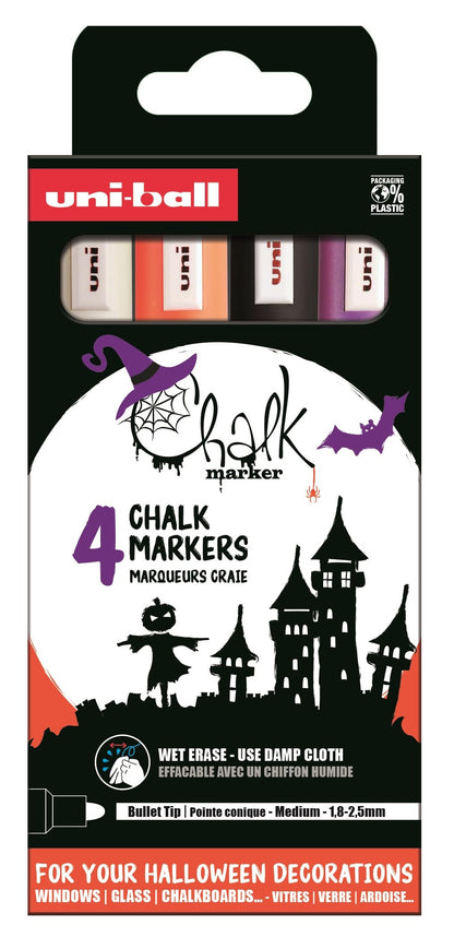 uni-ball PWE-5M Liquid Chalk Pens. Multi-Purpose Wipeable Coloured Markers for Blackboards, Chalkboards, Whiteboards, Glass, Mirrors, Plastic, Windows, Metal. Medium Tip. 4pc Halloween Set