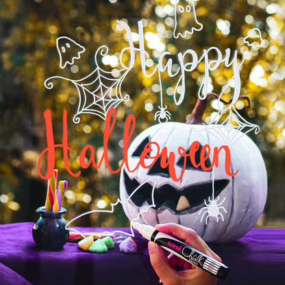 uni-ball PWE-5M Liquid Chalk Pens. Multi-Purpose Wipeable Coloured Markers for Blackboards, Chalkboards, Whiteboards, Glass, Mirrors, Plastic, Windows, Metal. Medium Tip. 4pc Halloween Set