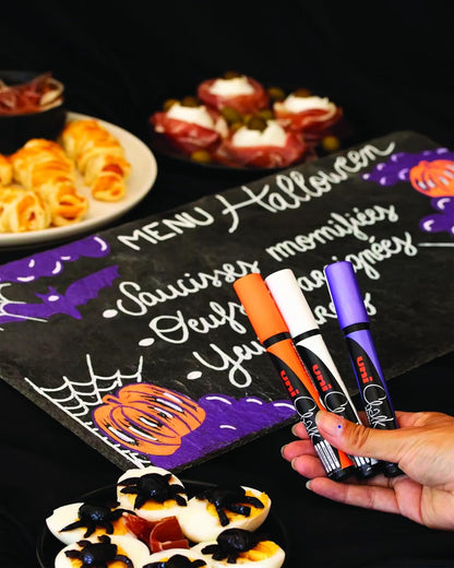 uni-ball PWE-5M Liquid Chalk Pens. Multi-Purpose Wipeable Coloured Markers for Blackboards, Chalkboards, Whiteboards, Glass, Mirrors, Plastic, Windows, Metal. Medium Tip. 4pc Halloween Set